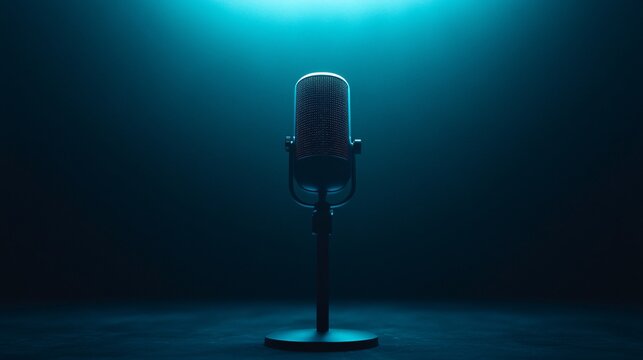 Vintage microphone in spotlight against dark background