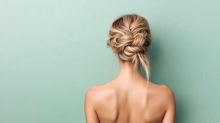 Back view of woman with braided updo hairstyle against green background