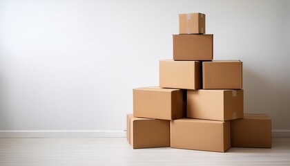 Obraz premium A towering stack of cardboard boxes against a minimalist white wall, representing the potential and anticipation of a new beginning.