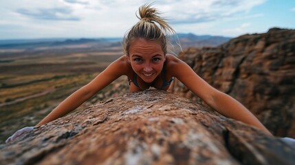 Young woman climbing a rock with a smile in a picturesque landscape