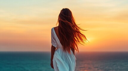 Fototapeta premium Woman at Sunset by the Ocean
