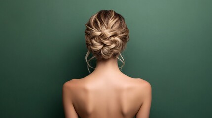 Woman with elegant updo hairstyle against green background