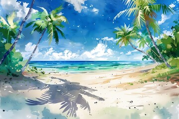Obraz premium Illustration in anime style: tropical landscape sea coast and palm trees, watercolor. AI generated