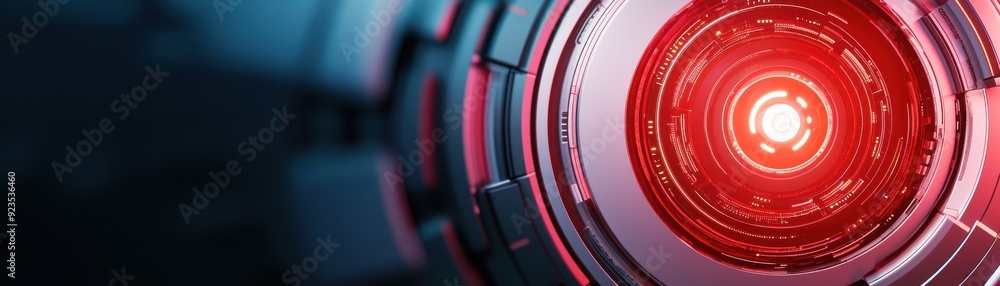 Poster futuristic robotic eye glowing with red light, symbolizing advanced technology and artificial intell