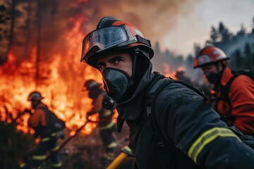 Fototapeta premium A team of brave frontline heroes armed with hoses and protective gear confronts a massive forest blaze, working tirelessly to contain the devastating wildfire spreading rapidly.