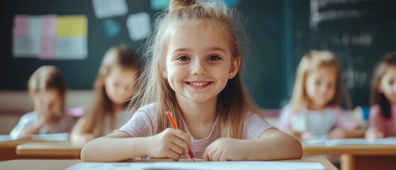 Smiling Girl Writing With Red Pencil In Classroom