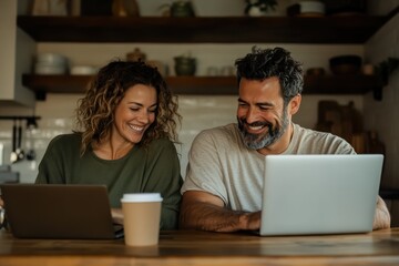 A pair of individuals seated at a table each with a laptop, engaging in their tasks while sharing smiles, demonstrating a blend of productivity and companionship in a modern setting.