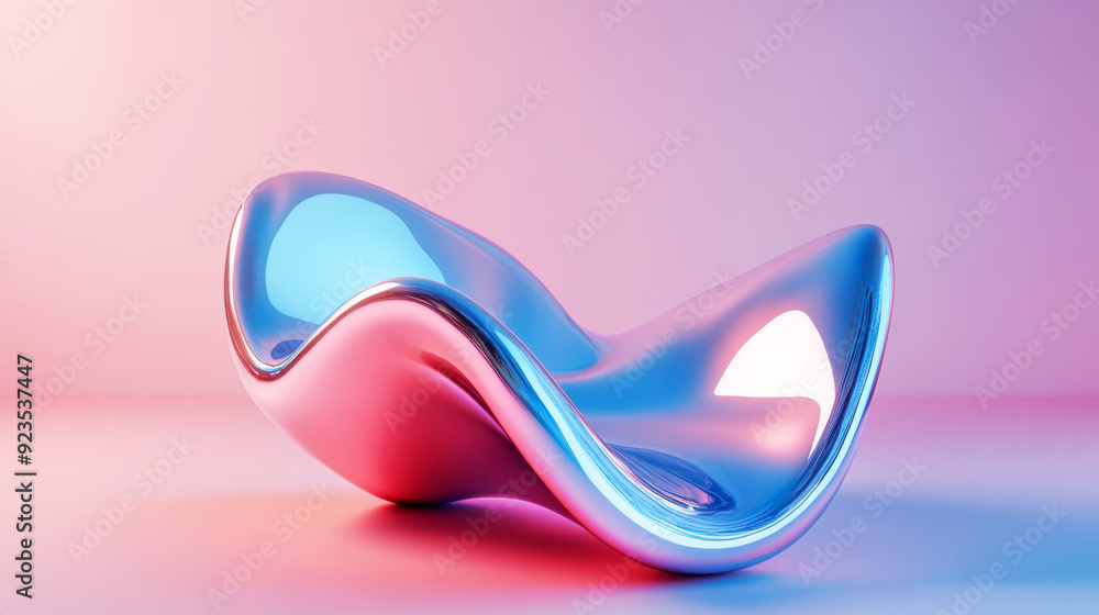 Poster a shiny, metallic object with a curved shape sits on a pink background