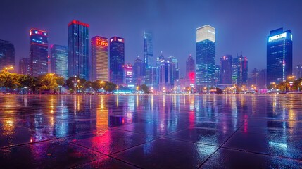 Vibrant City Skyline at Night with Illuminated Skyscrapers and Reflections on Wet Pavement. AI generated illustration