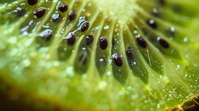 Macro closeup view of sliced fresh kiwi fruit with beautiful texture pattern