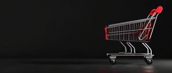 Empty shopping cart with red accents, placed against a dark, minimalist background. The reflective metal contrasts with the black backdrop, emphasizing the cart's sleek design