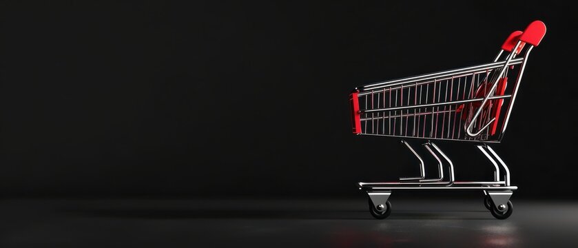 Empty shopping cart with red accents, placed against a dark, minimalist background. The reflective metal contrasts with the black backdrop, emphasizing the cart's sleek design