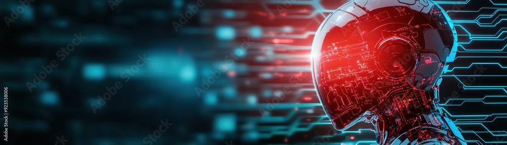 Poster futuristic robot head with glowing red features against a high-tech digital background, symbolizing 