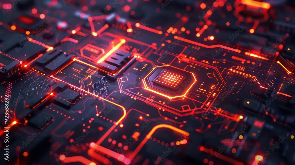 Poster abstract circuit board with glowing red lines