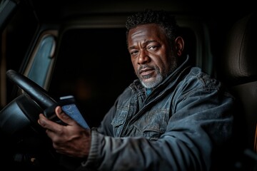 Obraz premium A mature man, with an intense gaze, holds a piece of paper inside a vehicle, illustrating deep concentration and the experienced role of older professionals in transportation.