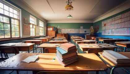 Empty Classroom A glimpse into a forgotten classroom, with stacks of worn textbooks and colorful drawings scattered on the desks, hinting at a vibrant past and a sense of potential.