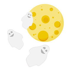 Halloween print isolated on transparent and white background. Yellow moon and ghosts. Close-up element for holiday design decoration. Vector cartoon illustration. Ornament for t-shirt.