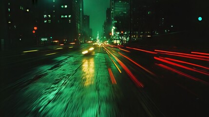 Night City Street with Green and Red Lights in Motion Blur, Shot on Fujifilm Provia Film. AI generated illustration