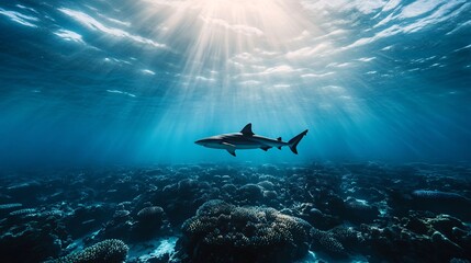 Great White Shark Swimming Underwater with Sun Rays