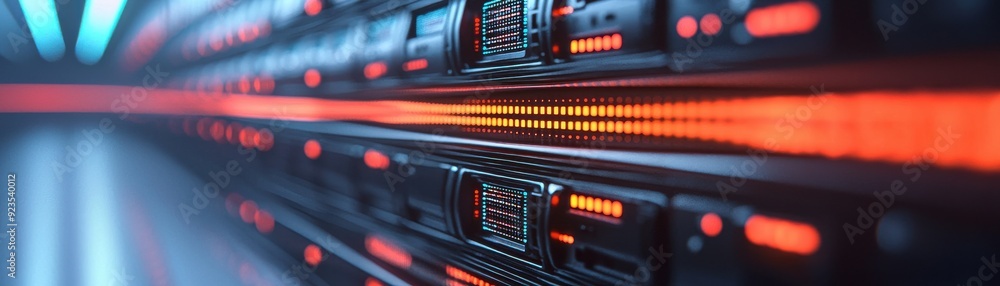 Poster futuristic server room with illuminated racks and advanced technology, showcasing the essence of mod