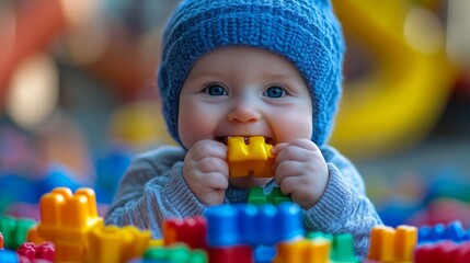 Obraz premium A joyful baby explores vibrant building blocks, smiling while sitting happily amidst a playful atmosphere in the warm autumn sunlight