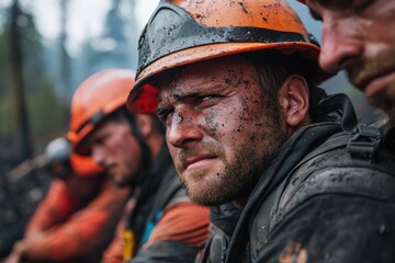 A tired man with a dirt-streaked face, wearing a helmet, resting with fellow firefighters at a wildfire site, showing determination and solidarity in a challenging environment.