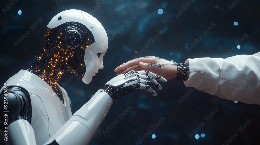 Poster a human reaches out to touch the hand of a lifelike robot, showcasing an intimate connection in a hi