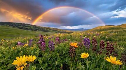 Naklejka premium Rolling Hills Covered in Blooming Wildflowers with Vibrant Rainbow and Clearing Sky. AI generated illustration