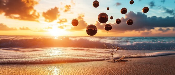 Obraz premium Beautiful arrangement of coffee molecules suspended over a picturesque beach at sunset with vibrant colors