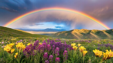 Naklejka premium Rolling Hills Covered in Blooming Wildflowers with Vibrant Rainbow and Clearing Sky. AI generated illustration