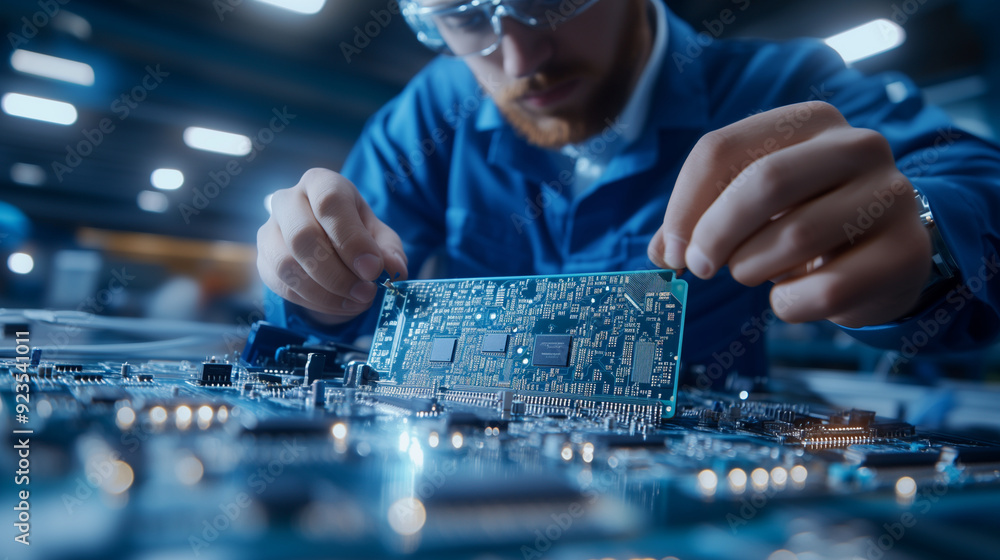 Aufkleber focused engineer meticulously assembling a complex circuit board, representing commitment, precision