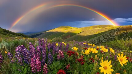 Naklejka premium Rolling Hills Covered in Blooming Wildflowers with Vibrant Rainbow and Clearing Sky. AI generated illustration