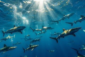 Obraz premium A School of Sharks Swimming Gracefully Underwater in Clear Blue Ocean Waters During Daylight Hours