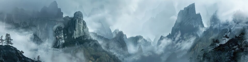 Enigmatic fog shrouding towering rock formations Low-hanging clouds surrounding impressive cliffs Minimalist landscape of a mysterious setting Ethereal view showcasing dramatic cliffs