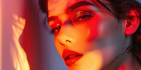 Fototapeta premium Close-Up of Woman's Face with Dramatic Red and Orange Lighting and Shadows
