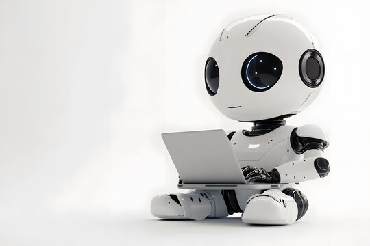 Cute friendly artificial intelligence robot using laptop computer 3d illustration isolated on white. Chatbot and AI assistant concept	