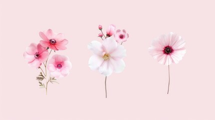 Pastel flowers, botanical cartoon drawing, top view, flat design