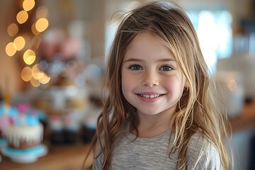Obraz premium Portrait of a Smiling Little Girl Celebrating Her Birthday with a Cake