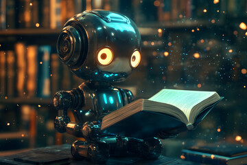 Fototapeta premium Cute friendly artificial intelligence robot reading book 3d illustration. Chatbot and AI assistant concept 