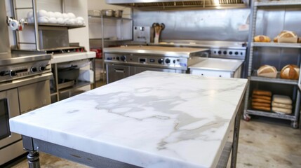 Empty commercial clean white marble kitchen table, professional bakery kitchen with countertop oven, freezer, refrigerator, shelves, cabinets, bread, small bread