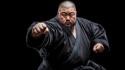 Obraz premium Empowering Plus-Size Man Practicing Martial Arts for Self-Defense and Fitness on Black Background with Copy Space Aligned Left, Generative AI