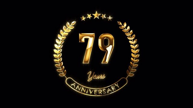 79th Anniversary Celebration. Happy 79 Years Anniversary Animation in Gold Color on the Transparent Background, Alpha Channel. Great for greetings, celebrations, events, and gifts.
