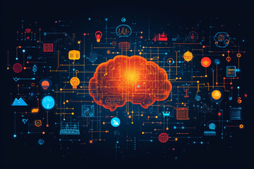 A brain with a web of connections to different icons, like music, science, and art, symbolizing interdisciplinary idea generation.