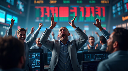 Exuberant Stock Traders Celebrating Market Success: Energetic Trading Floor Scene Capturing Financial Triumph and Professional Excitement