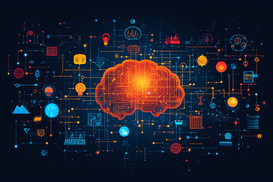 A brain with a web of connections to different icons, like music, science, and art, symbolizing interdisciplinary idea generation.
