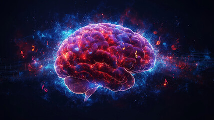 A human brain surrounded by musical notes, representing the generation of creative musical ideas and melodies.