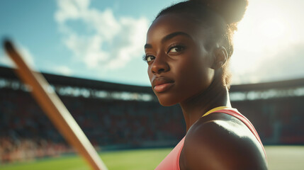 A determined female athlete with a javelin, preparing to compete at an outdoor stadium, under the clear blue sky, showcasing strength and focus.
