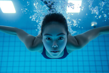 An underwater view of a focused swimmer gliding smoothly through a swimming pool, capturing the essence of athleticism and determination.