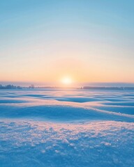 Fototapeta premium Sunrise over a snow-covered field with a pale blue sky peaceful winter morning
