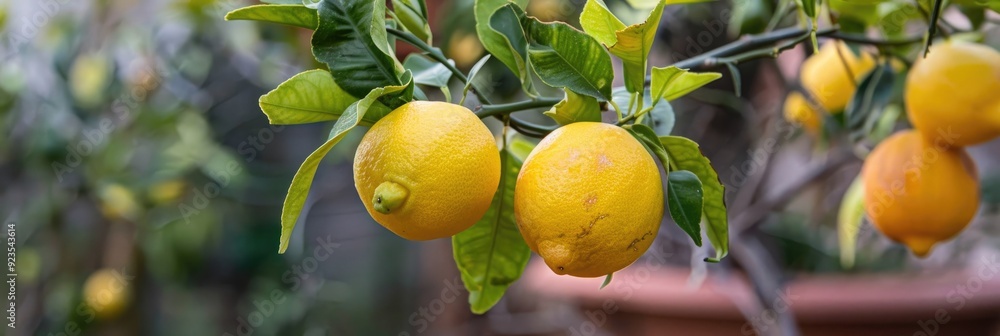 Poster close-up of fresh yellow lemons on a citrus tree surrounded by green leaves in a garden